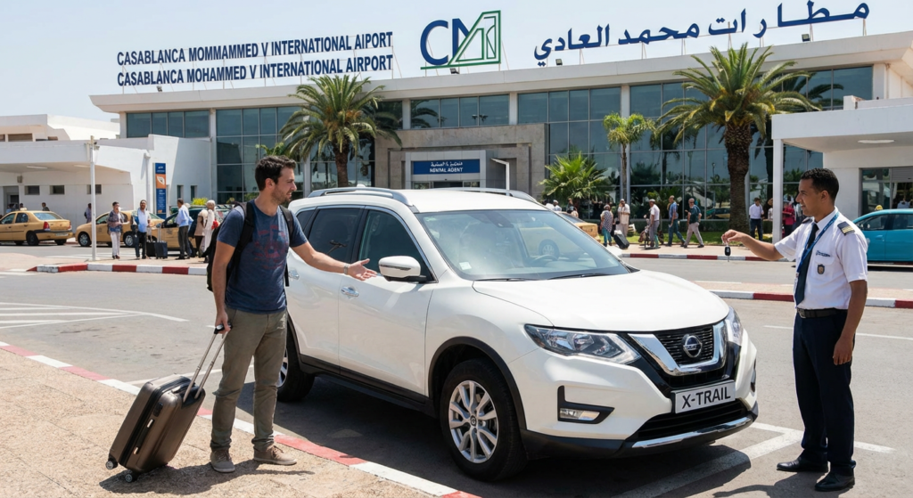 Car rental pickup at Casablanca Mohammed V Airport terminal