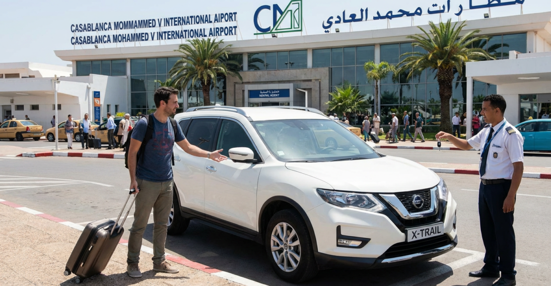 Car rental pickup at Casablanca Mohammed V Airport terminal
