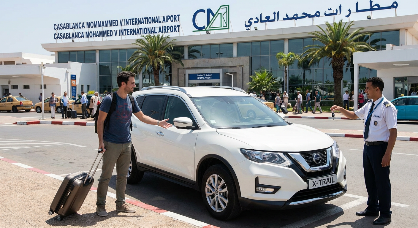 Car rental pickup at Casablanca Mohammed V Airport terminal