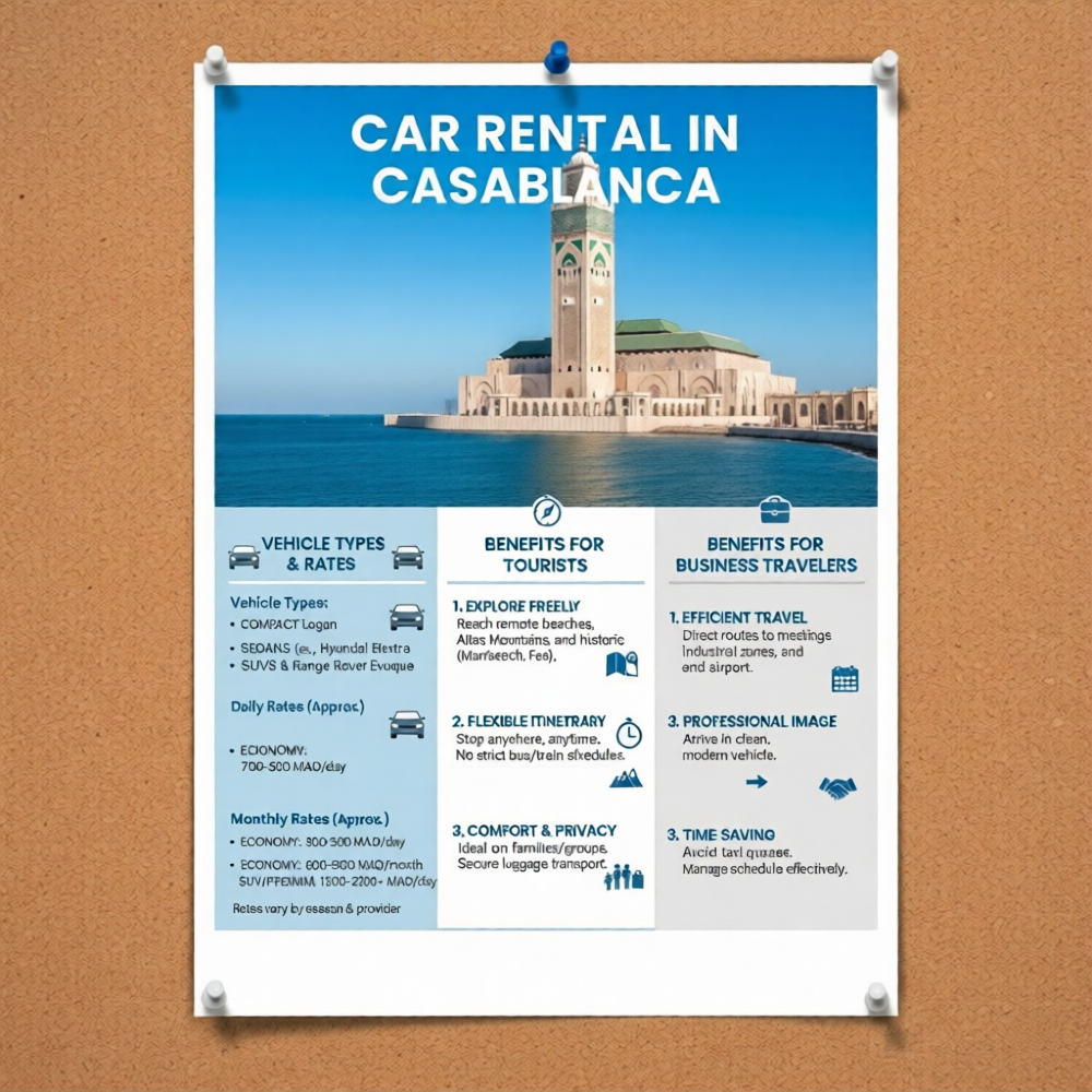 Write a detailed guide about renting cars in Casablanca, including types of vehicles, daily and monthly rates, and benefits for tourists and business travelers.